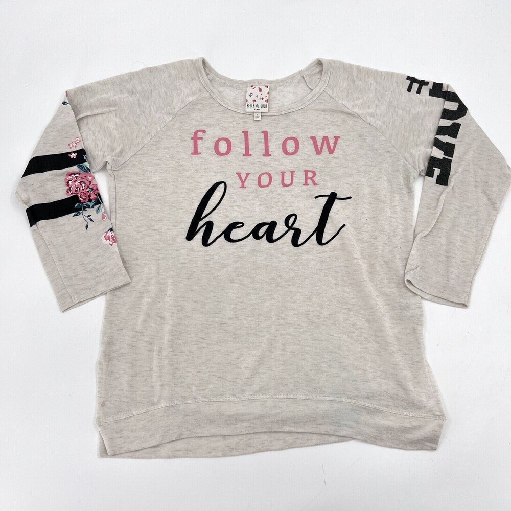 Belle Du Jour T-Shirt Girls Large Gray Cotton Blend Long Sleeve Floral